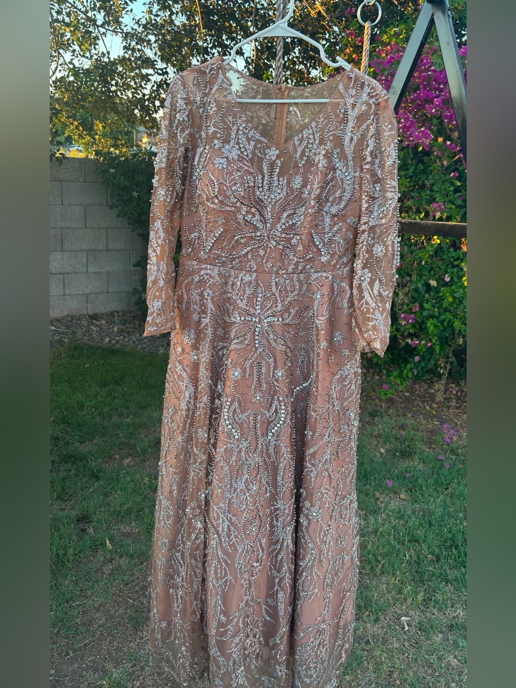 Embellished Long Sleeve Evening Dress In Rose Gold